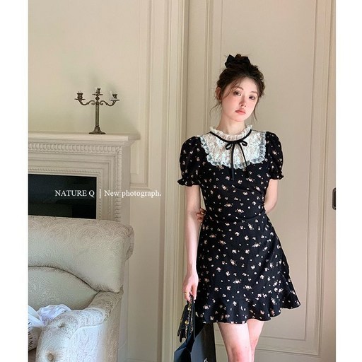 COSYEVNO 프랑스풍 레이스 프린팅 플라워 원피스 허리조임 a라인 블랙치마