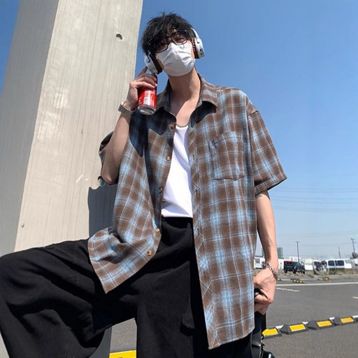 ANYOU 남성 체크셔츠 오버핏 반팔셔츠 남자여름셔츠