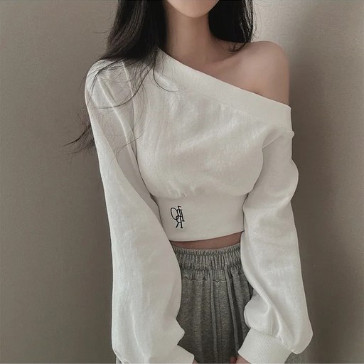 봄가을 시즌 비대칭 여성 오프숄더비스듬한넥 허리 조임 슬림핏 크롭 긴팔 후드티 크롭티 슬림핏 홀터넥 날씬핏 레터링 원숄더 어깨 맨투맨 데일리 셔링 트임 언밸런스