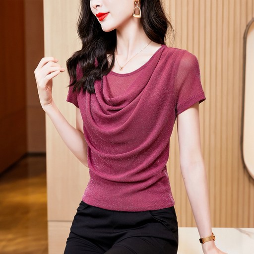 여름라인댄스복 상의 반팔 통기성 레이스 망사 셔링 펄 라틴댄스 무대의상