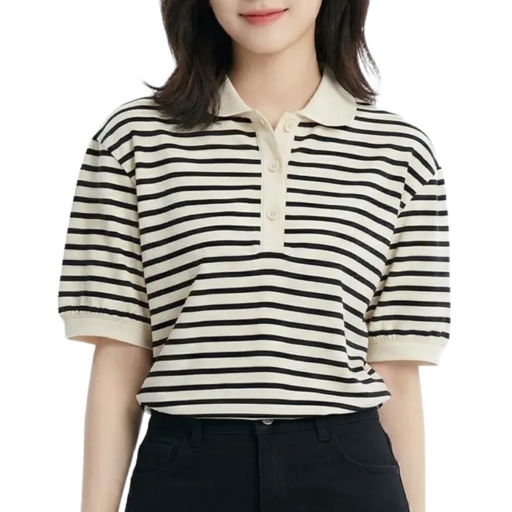 바이로이 여성 스트라이프 카라 스판 반팔 티셔츠