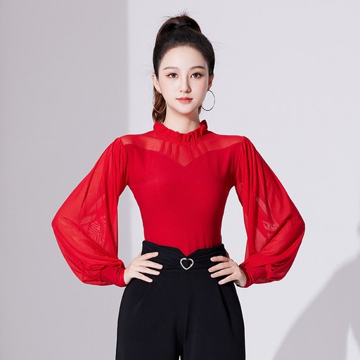 와우진플 프렌치 시스루 망사 긴팔 라인 댄스 상의