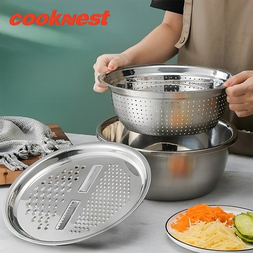 CookNest 스텐 강판 만능 채칼 세트 3종 채반 믹싱볼 똑순이 만능강판