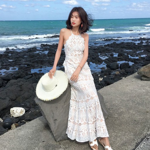 COSYEVNO 해변 바캉스 비치 원피스 여성 여름 화이트 레이스 백리스 드레스 나시 원피스
