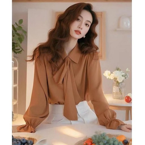 여성 스타일리쉬한 녹색 리본 오피스룩 긴팔 셔츠 블라우스