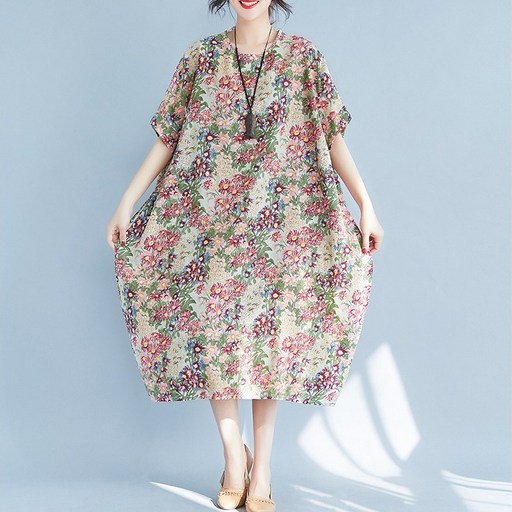 알리팡(Alipang) 여성 여름원피스 바캉스 꽃무늬 프린팅 빅사이즈 박스핏 반소매 라운드넥 롱원피스