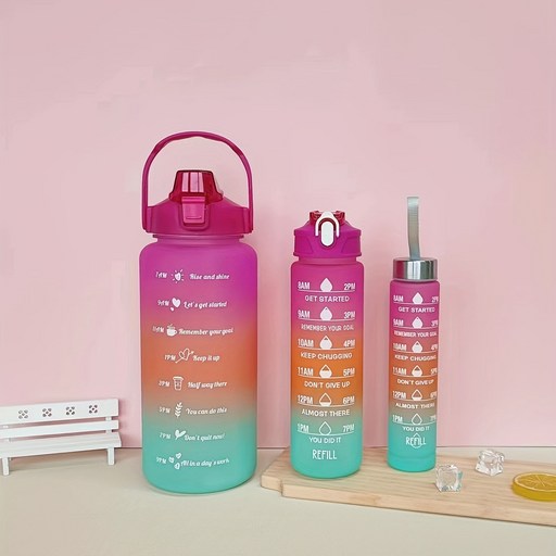 3-in-1 2L 귀여운 그라데이션 운동병 병 세트 + 휴대용 밴드 과 빨대 -패션 아웃도어 스포츠 물통 세트(스포츠 큰물컵 + 자전거 주전자 + 휴대용 보물컵)