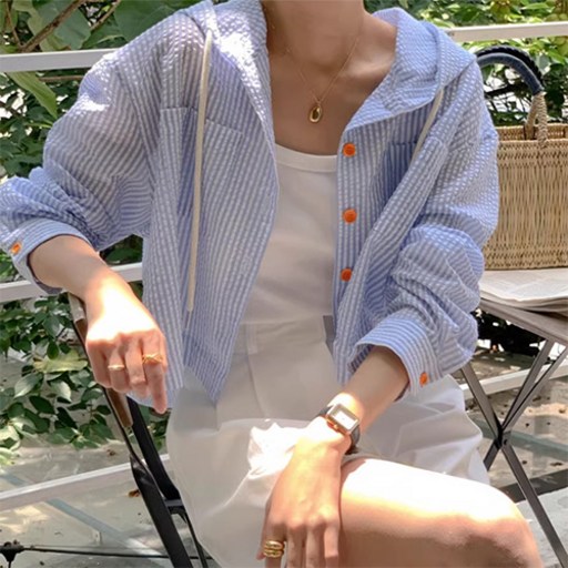 데일로엔 여성 스트라이프 자외선차단 후드 셔츠