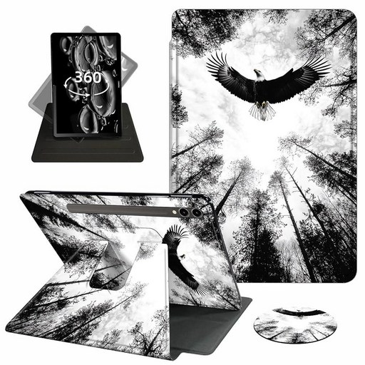 [ 995227 ] ACWDMKH 삼성 갤럭시 탭 S10 플러스/S9 FE 플러스 5G 태블릿 12.4인치 케이스 360도 회전 PU 가죽 스탠드 플립 폴리오 커버 자동 웨, for Samsung Galaxy Tab S10+/S9, 포레스트 이글 블랙