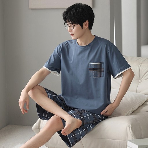 ANYOU 남성 순면 반팔 파자마 잠옷 세트 여름 부드럽고 시원한 빅사이즈 홈웨어 투피스