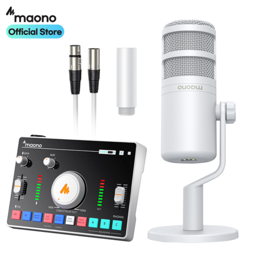 마오노 캐스터 AMC2 NEO + PD100 팟캐스트 방송용 오디오 믹서 마이크 스탠드 화이트 패키지