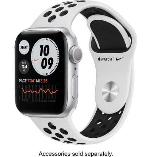 M00T3LLA Apple Watch Nike Series 6 (GPS) 40mm Silver Aluminum Case with Pure Platinum Black Nike Spo, Nike Sport Band Silver