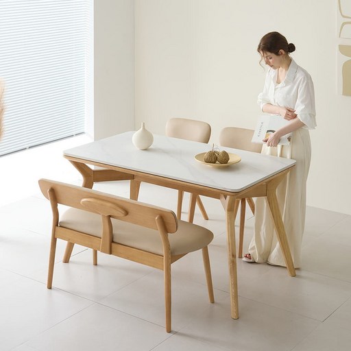 까르엠가구 헤이븐 포세린 양면 세라믹 50R 애쉬 원목 4인용 식탁세트 1600 2인벤치1의자2