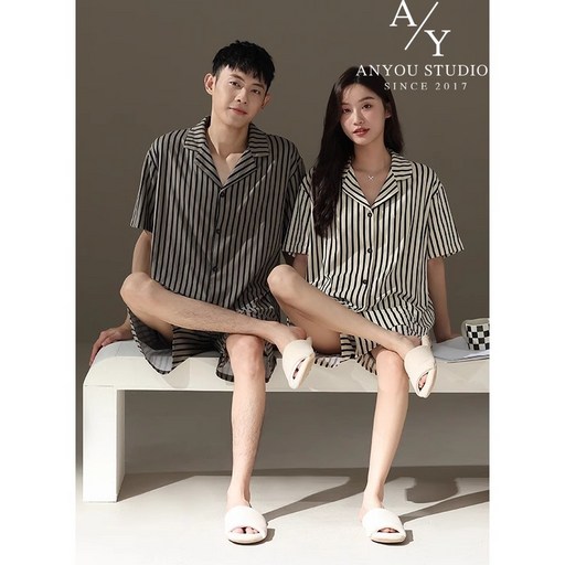 ANYOU 여름 단가라 잠옷 순면 커플 잠옷 세트 빅사이즈 캐주얼 긴팔 홈웨어 상하세트 홈웨어