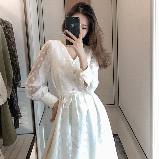 Maje kara 가을 의류 2020 새로운 여성 햅번 스타일 v 넥 흰색 패션 긴팔 레이스 원피스