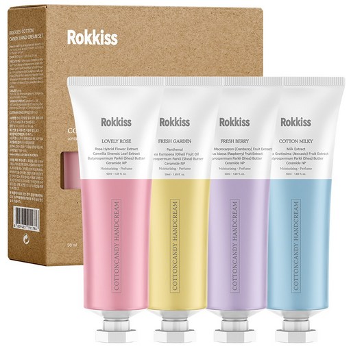 록키스 코튼캔디 핸드크림 러블리로즈 50g + 프레쉬가든 50g + 프레쉬베리 50g + 코튼밀키 50g