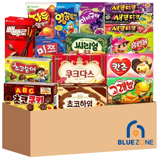 [블루존] 어린이 선물 세트 (빼빼로오리지널+홈런볼+쿠크+쵸코하임+씨리얼+칸쵸+고래밥+미쯔+abc초코쿠키+초코송이+마이구미포도+자두알맹이+왕꿈틀이+새콤달콤 포도 딸기 울트라레몬)