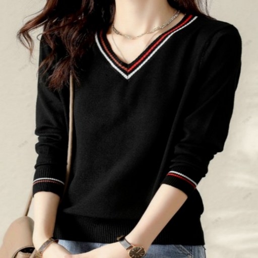 로루아0125 여성 배색 브이넥 니트티 V넥