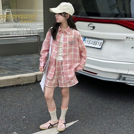 비비키드 여아 여름 초중생 영문 레터링 체크 긴팔 셔츠 쓰리피스 상하복 세트 주니어 반팔티 상의+하의 초등생 반바지  (2603)