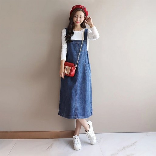 여성 데님 포켓 민소매 멜빵 귀여운 원피스 점프수트 포켓데님롱원피스