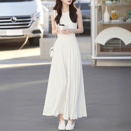 POMTOR여성 롱 원피스 화이트 민소매 원피스 심플 캐주얼 슬림핏 A라인 원피스