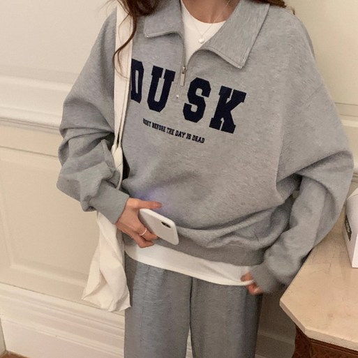 BAJAOEY바자오이 여성 맨투맨 긴팔 풀오버 루즈핏 레터링 프린트 반집업 티셔츠 기모