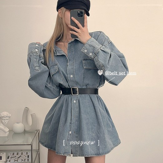 디데이뉴 벨트세트 워라벨 청 카라 원피스 플레어 A라인 수트 오버핏 데님 자켓 1color