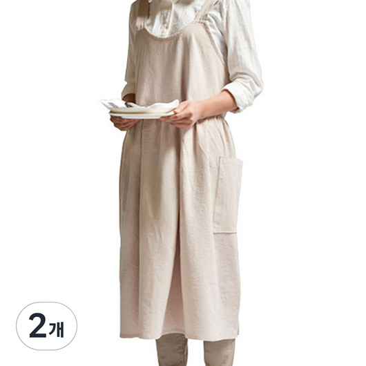 린넨코튼 무지 원피스형 앞치마, 베이지, 2개