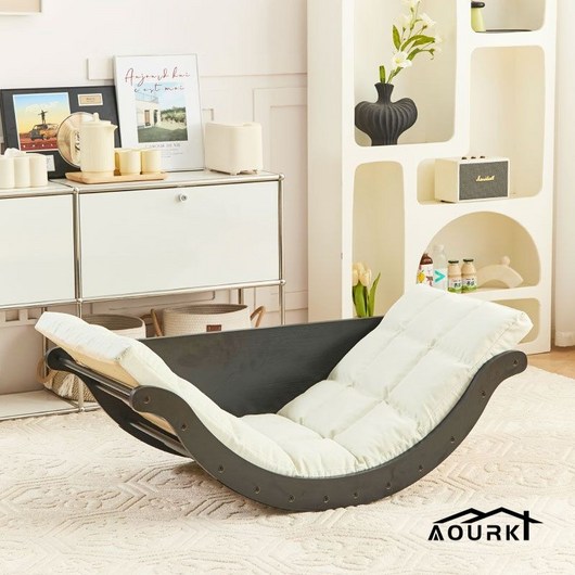 AourK 반달형 흔들의자 수유의자 안락의자 무중력의자 1인 쇼파 거실 테이블, 1개, 화이트 린넨 매트+블랙