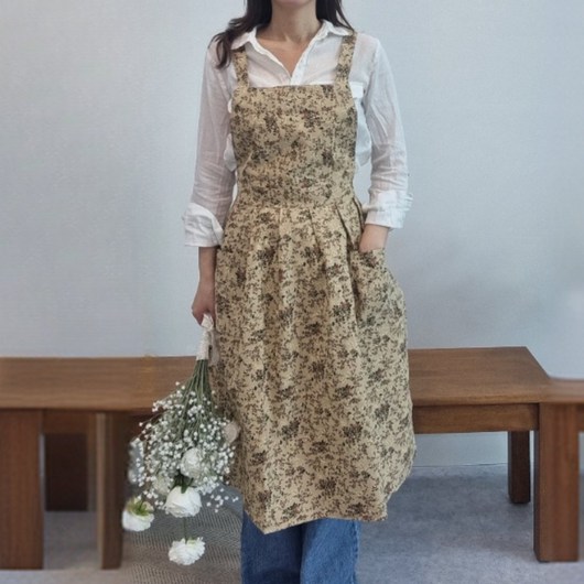 로라쉐 예쁜 꽃 순면 트임 롱 원피스 주방 앞치마, 플로랄우드, 1개 원피스앞치마