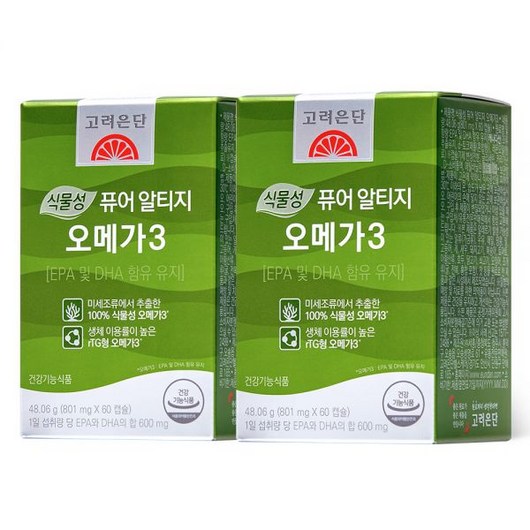 고려은단 식물성 퓨어 알티지 오메가3 60캡슐 X 2개 (4개월분), 쇼핑백 포함 무료, 60정