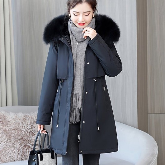 지퍼업 퍼지 트림 후디 파카 코트 캐주얼 드로우스트링 허리 롱슬리브 포켓 겨울용 여성 의류