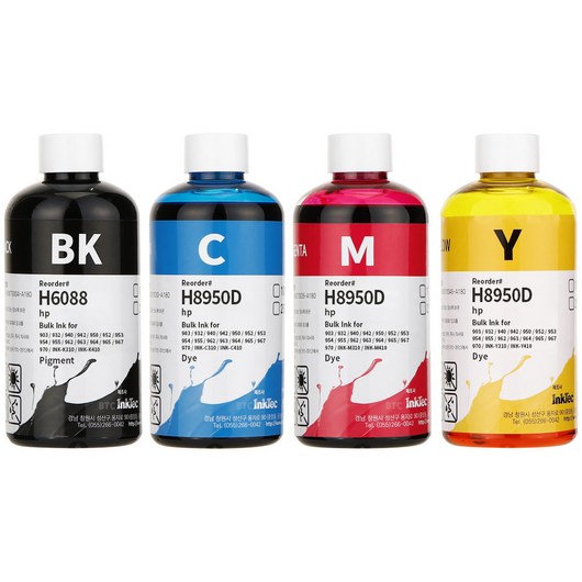 잉크테크 HP9010 HP8710 HP8610 HP8210 HP7740 삼성 J3520W J3560FW 호환 무한 리필 잉크, 4색(검정 안료+컬러 염료), 1세트, 250ml(단마개)