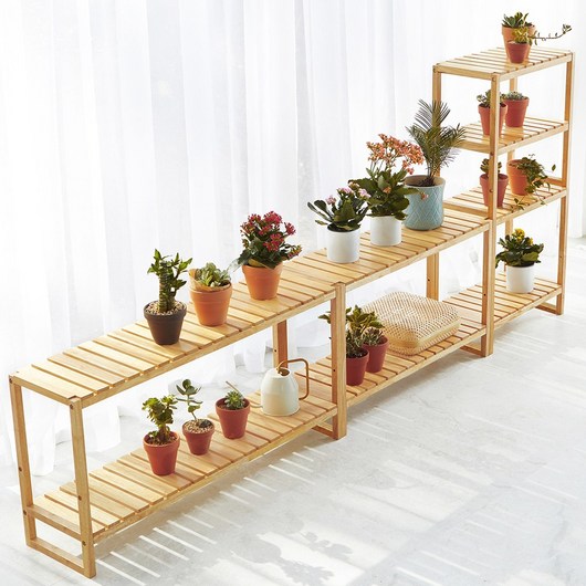 원목 2단 모듈 선반 – 화분 정리대 및 베란다 신발장 진열대 (내추럴 디자인) 원목선반