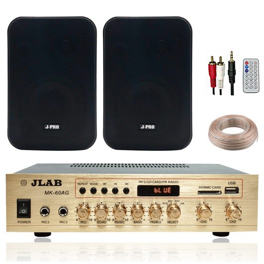 JLAB 블루투스 매장용 카페 매장 업소용 벽걸이 미니 앰프 스피커 2개+리모콘+PC선 2M+스피커케이블 20M, 블랙