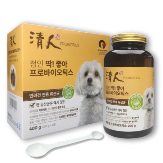 강아지 유산균 청인 딱좋아 프로바이오틱스 400g(200gX2병) 반려견 유산균 "1000배 증식되는 청인 특허 유산균" 먹이기편한 비드타임, 200g, 1팩