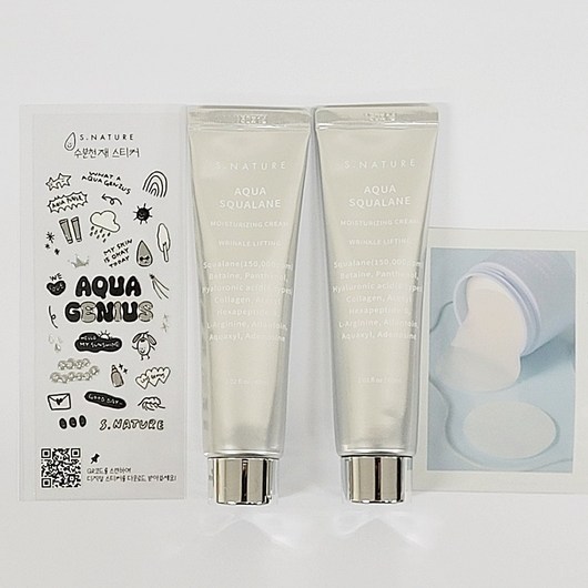 [수분천재크림1+1] 에스네이처 아쿠아 스쿠알란 모공쫀쫀 수분크림 (60ml+60ml+카밍패드 2매+스티커), 1세트, 120ml