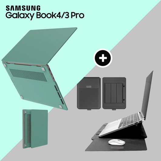[세트할인 ] 갤럭시북4 갤럭시북3 프로 16인치 투명 하드 케이스, 케이스/민트+파우치/그레이, 1개