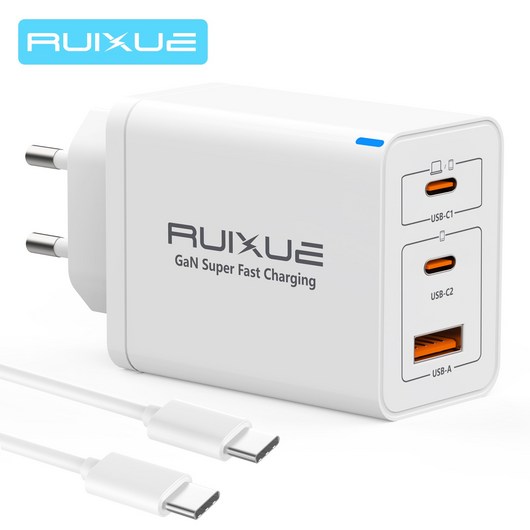 RUIXUE 서설 65W c 타입 고속 충전기 1m C-C 고속 충전 데이트 게이블 3포트 GaN 혁신 기술 PPS PD 3.0 & QC 4.0 지원, 1개, 65W,화이트