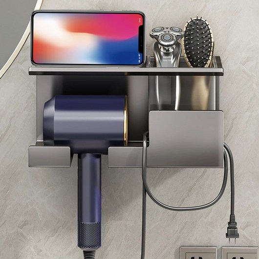 에스위두 항공 알루미늄 무타공 욕실 선반 수납형 튼튼한 드라이기 거치대, 2개, 그레이