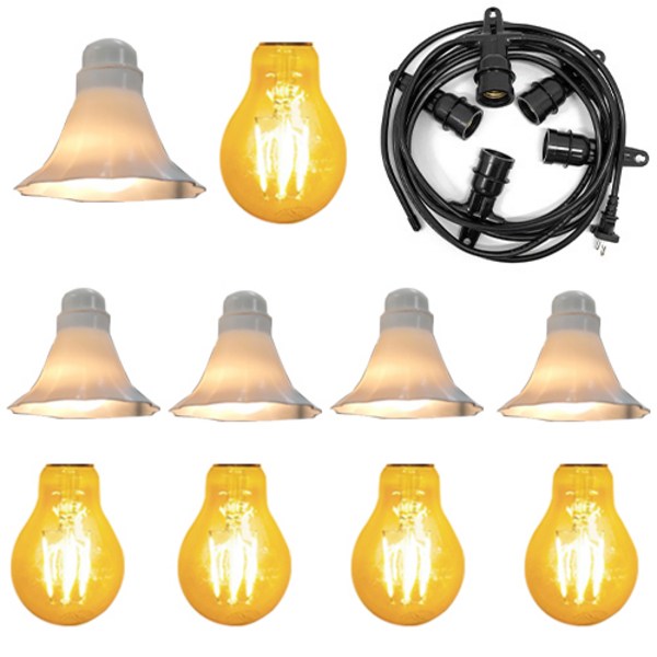 스트링월드 스트링라이트 5소켓 전등선 5m + 에디슨전구 3.5W 5p + 전등갓 5p, 블랙(전등선), 전구색(에디슨전구), 화이트(전등갓)