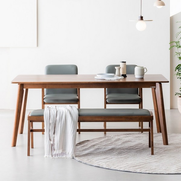 웰퍼니쳐 클로이 고무나무 원목 식탁 4인용 + 의자2p + 벤치 방문설치, 월넛 브라운