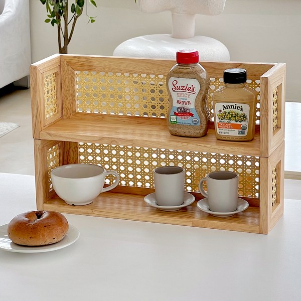 원목 라탄 1단 선반장, 내추럴우드, 1개