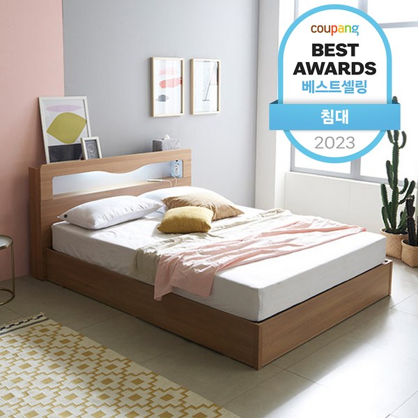  삼익가구 로이 LED 평상형 침대 + 파워 본넬스프링 매트리스 세트 방문설치, 내츄럴오크 