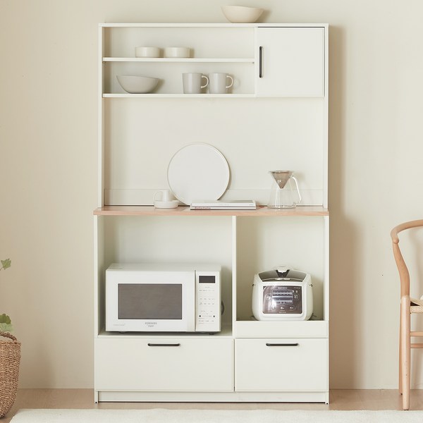 웰퍼니쳐 아이리스 주방 수납장 1000 렌지대 세트 방문설치, 아이보리 + 오크