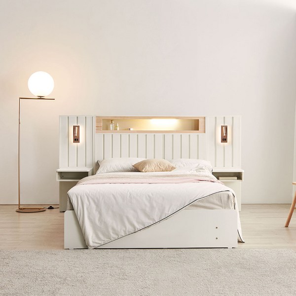  동서가구 그랑 편백 아트월 LED 수납 침대 프레임 + 협탁 2p 세트 방문설치, 화이트내추럴 
