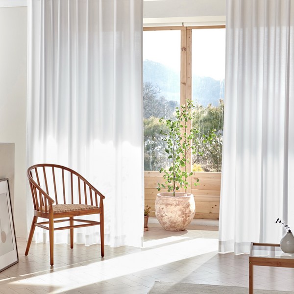 뷰하우스 크리미 쉬폰 아일렛 거실커튼2p 특대형 + 커튼봉 세트