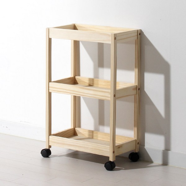  올리빙 원목 이동식 트롤리 수납 선반 중형 3단, 내추럴 