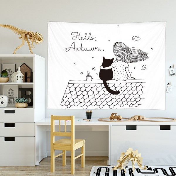 모던리빙 일러스트 패브릭 포스터 가리개, 소녀와 고양이