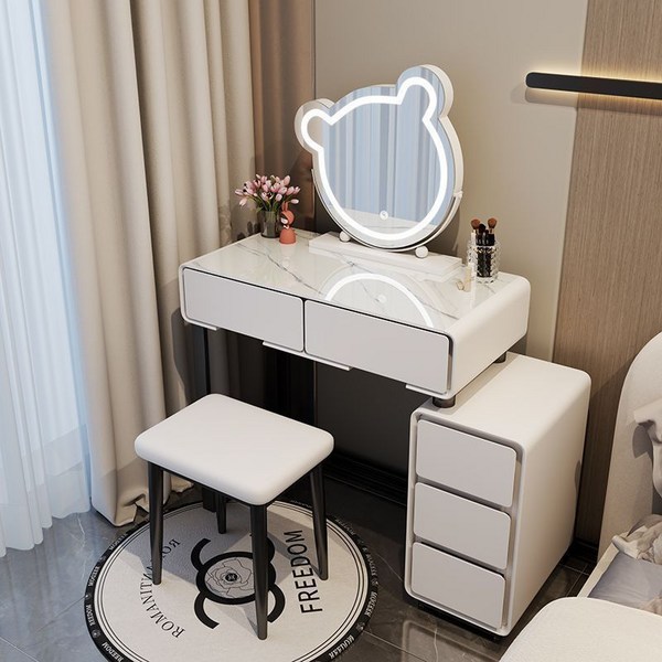 LED 서랍 수납화장대 세트, A02-곰모양거울/흰색+수납장+거울+의자(A), 80cm
